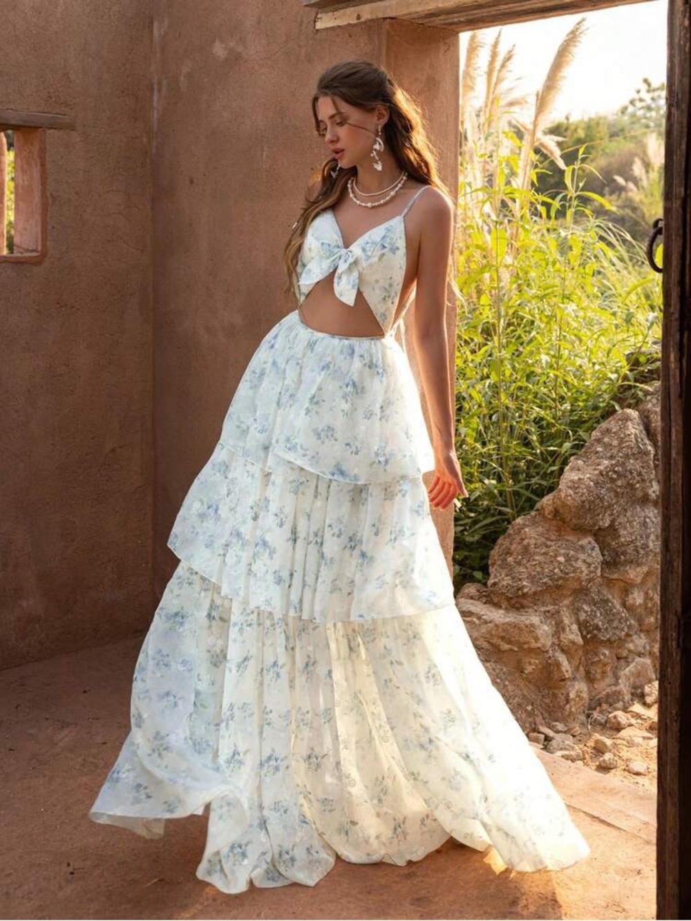 Floral Tie-Front Tiered Maxi Set in Light Blue & White